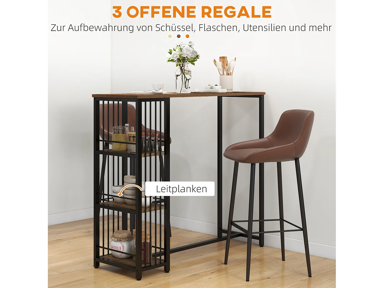 Table de bar avec 3 étagères, plateau effet bois, structure acier brun (120x40x105cm)