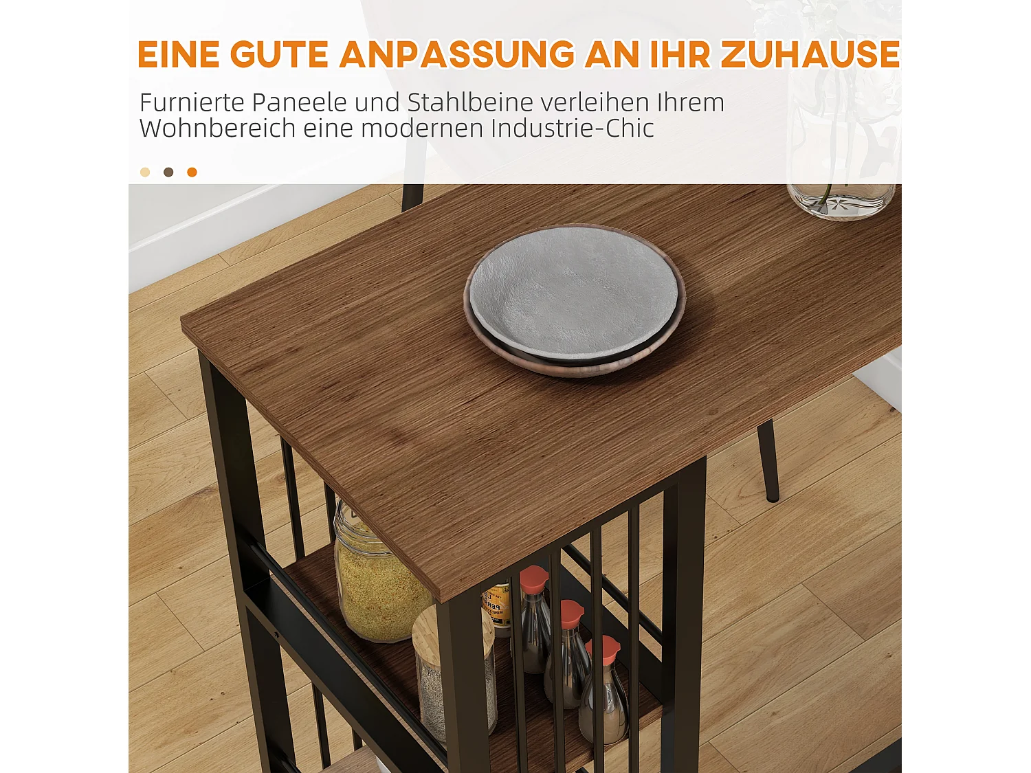 Table de bar avec 3 étagères, plateau effet bois, structure acier brun (120x40x105cm)