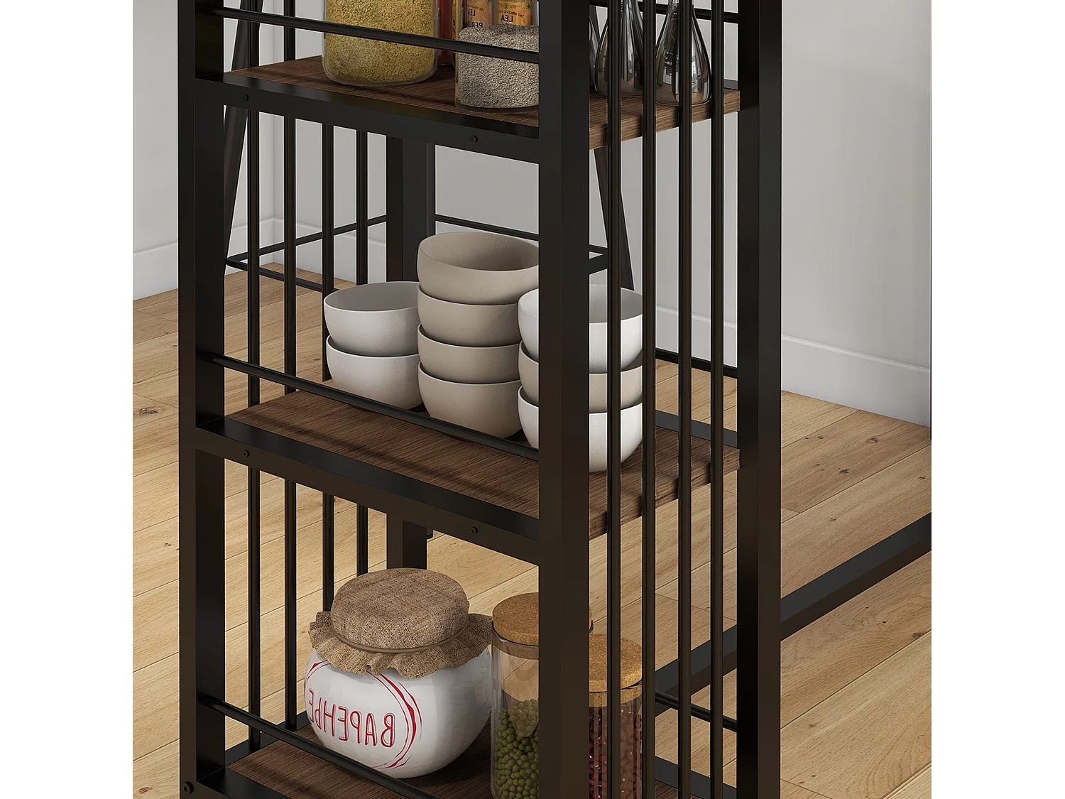 Table de bar avec 3 étagères, plateau effet bois, structure acier brun (120x40x105cm)