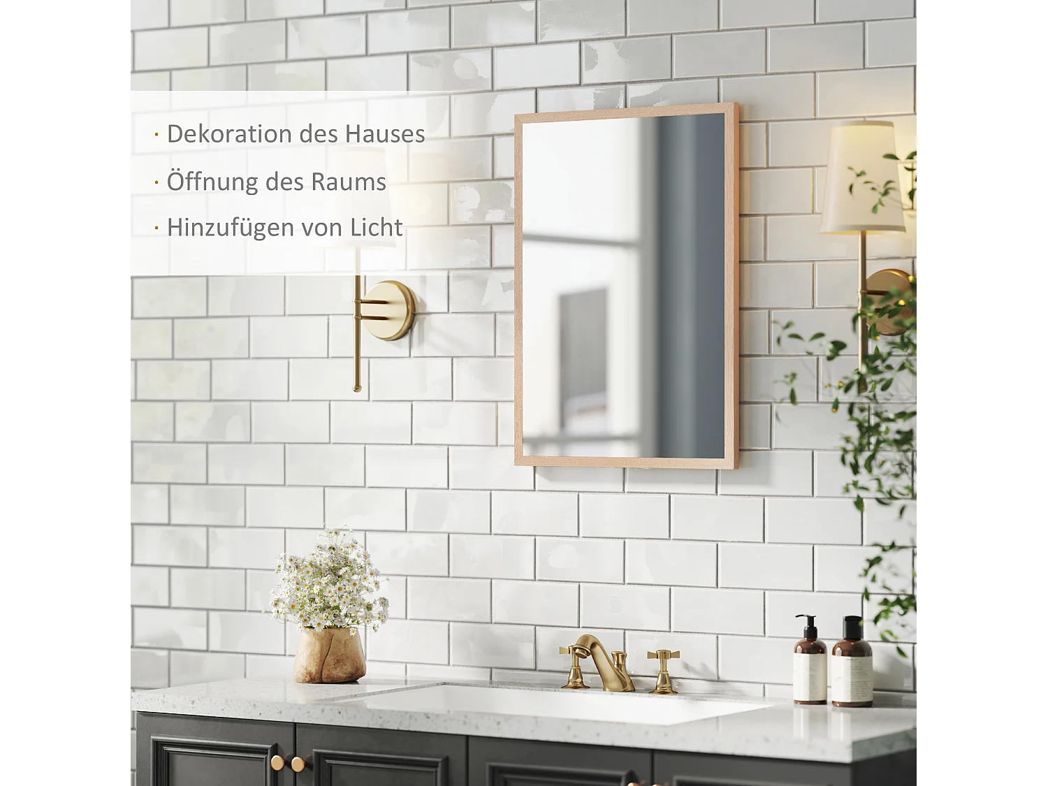 Miroir mural décoratif 50 x 70 cm avec 4 crochets, miroir rectangulaire pour chambre et salle de bain, cadre en MDF, bois naturel (50x2x70 cm)