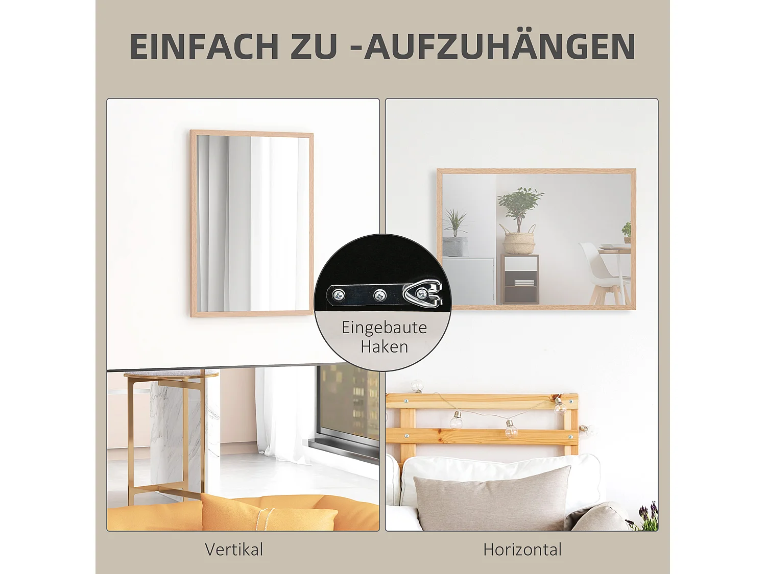 Miroir mural décoratif 50 x 70 cm avec 4 crochets, miroir rectangulaire pour chambre et salle de bain, cadre en MDF, bois naturel (50x2x70 cm)