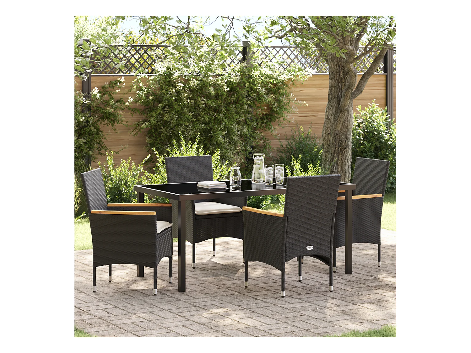 5-teiliges Garten-Essset mit Kissen aus schwarzem Polyrattan