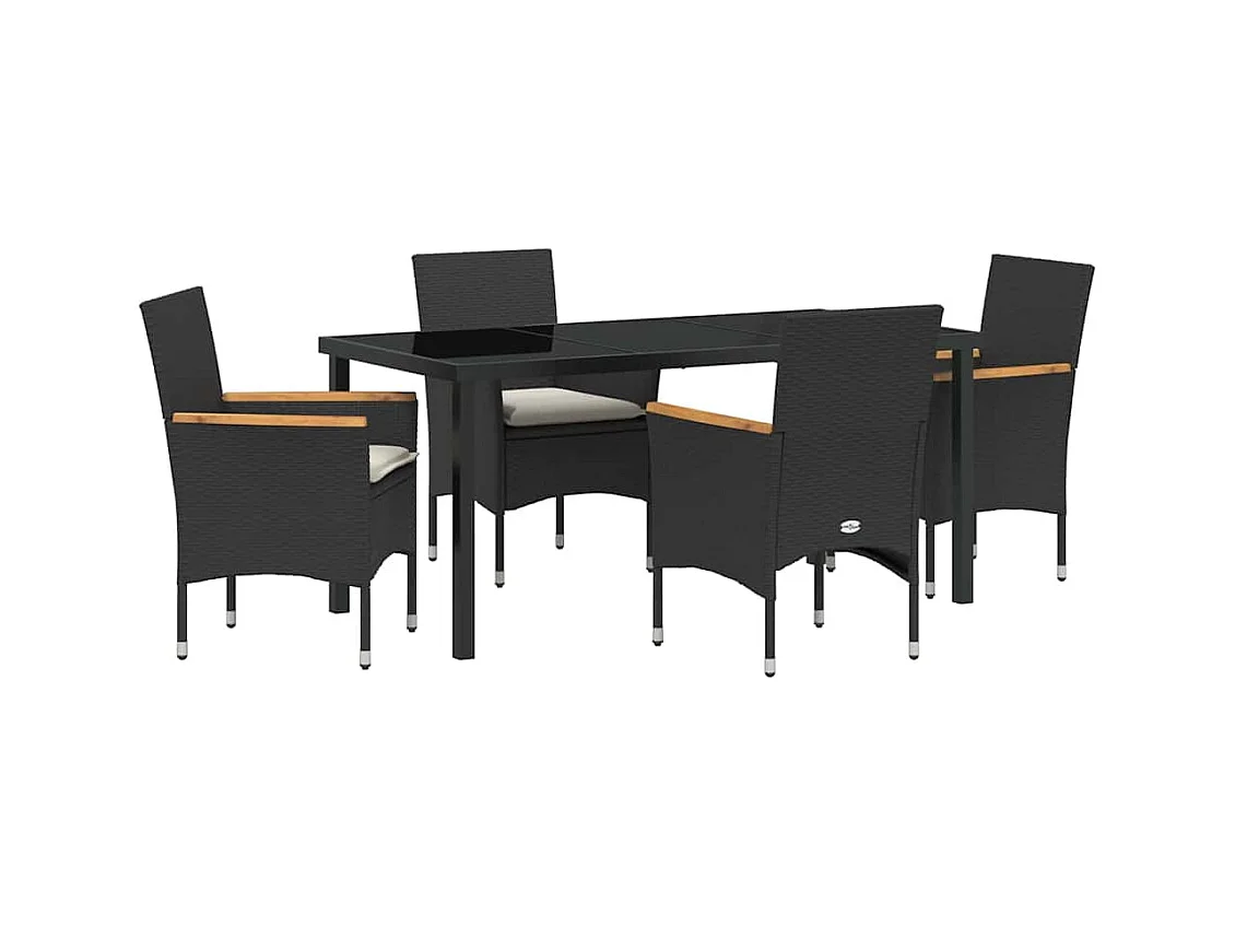 5-teiliges Garten-Essset mit Kissen aus schwarzem Polyrattan