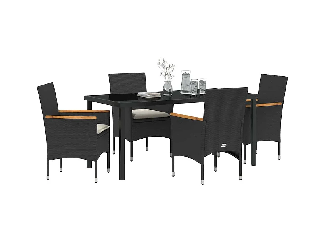 5-teiliges Garten-Essset mit Kissen aus schwarzem Polyrattan