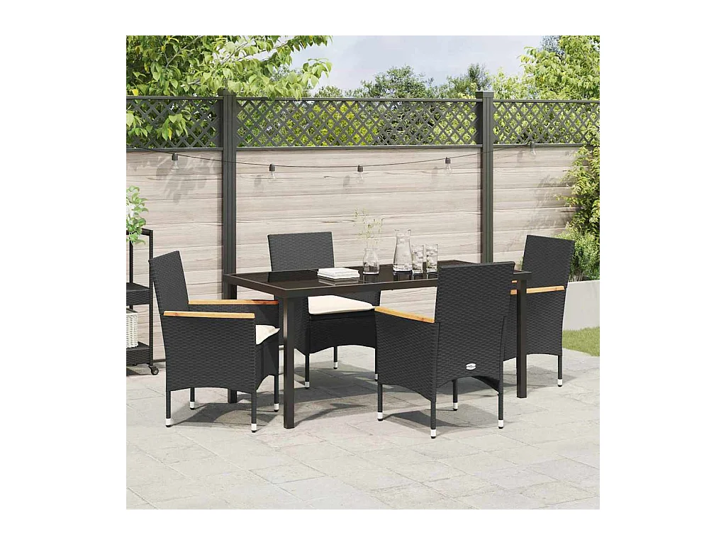 5-teiliges Garten-Essset mit Kissen aus schwarzem Polyrattan