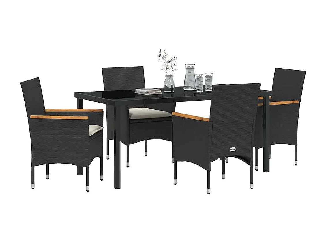 5-teiliges Garten-Essset mit Kissen aus schwarzem Polyrattan