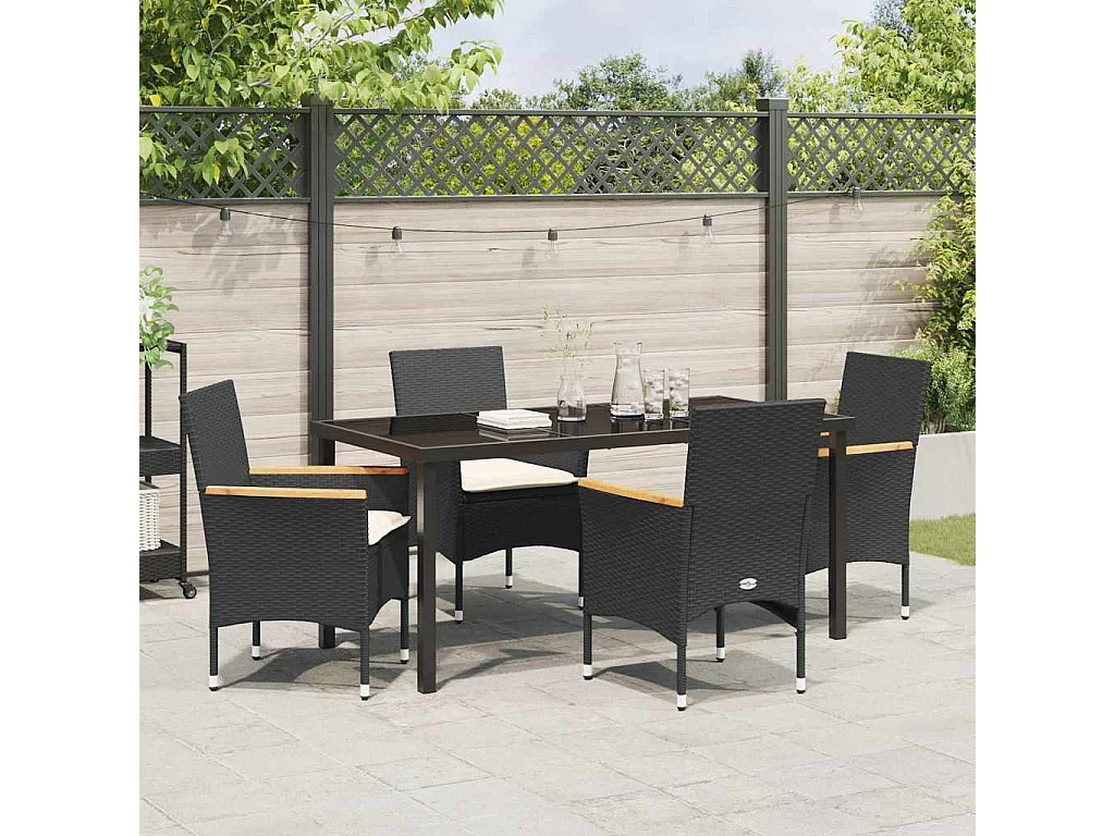 5-teiliges Garten-Essset mit Kissen aus schwarzem Polyrattan