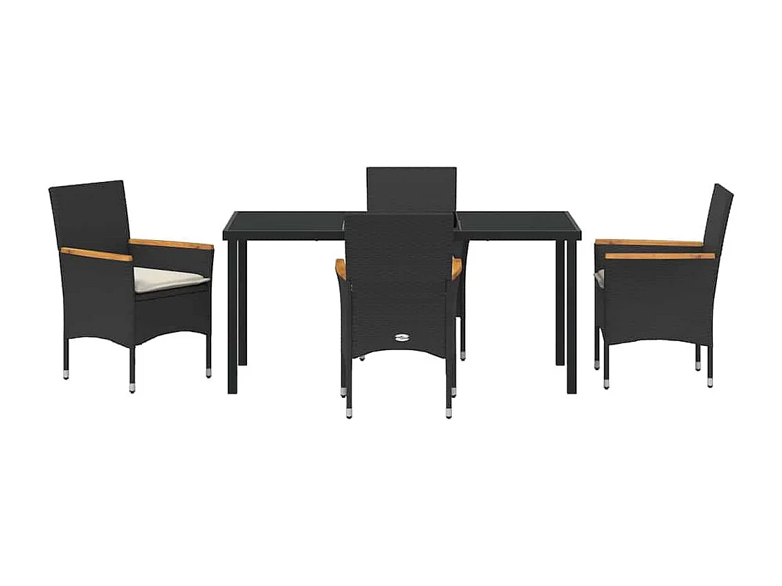 5-teiliges Garten-Essset mit Kissen aus schwarzem Polyrattan