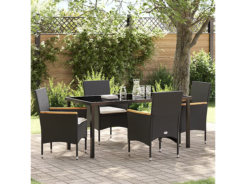 Set da pranzo da giardino 5 pezzi con cuscini in polyrattan nero
