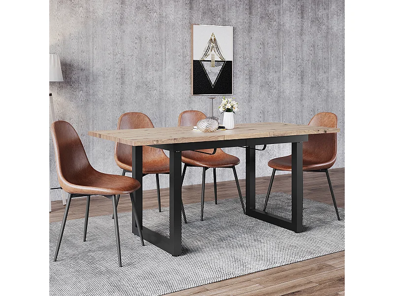 Table extensible industrielle, MDF et métal, 140/180x80x75 cm, design moderne, noir et bois naturel (L140/180xP80xH75cm)