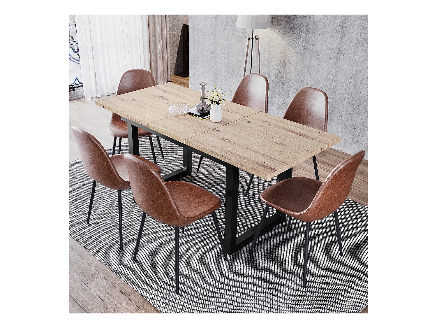 Table extensible industrielle, MDF et métal, 140/180x80x75 cm, design moderne, noir et bois naturel (L140/180xP80xH75cm)