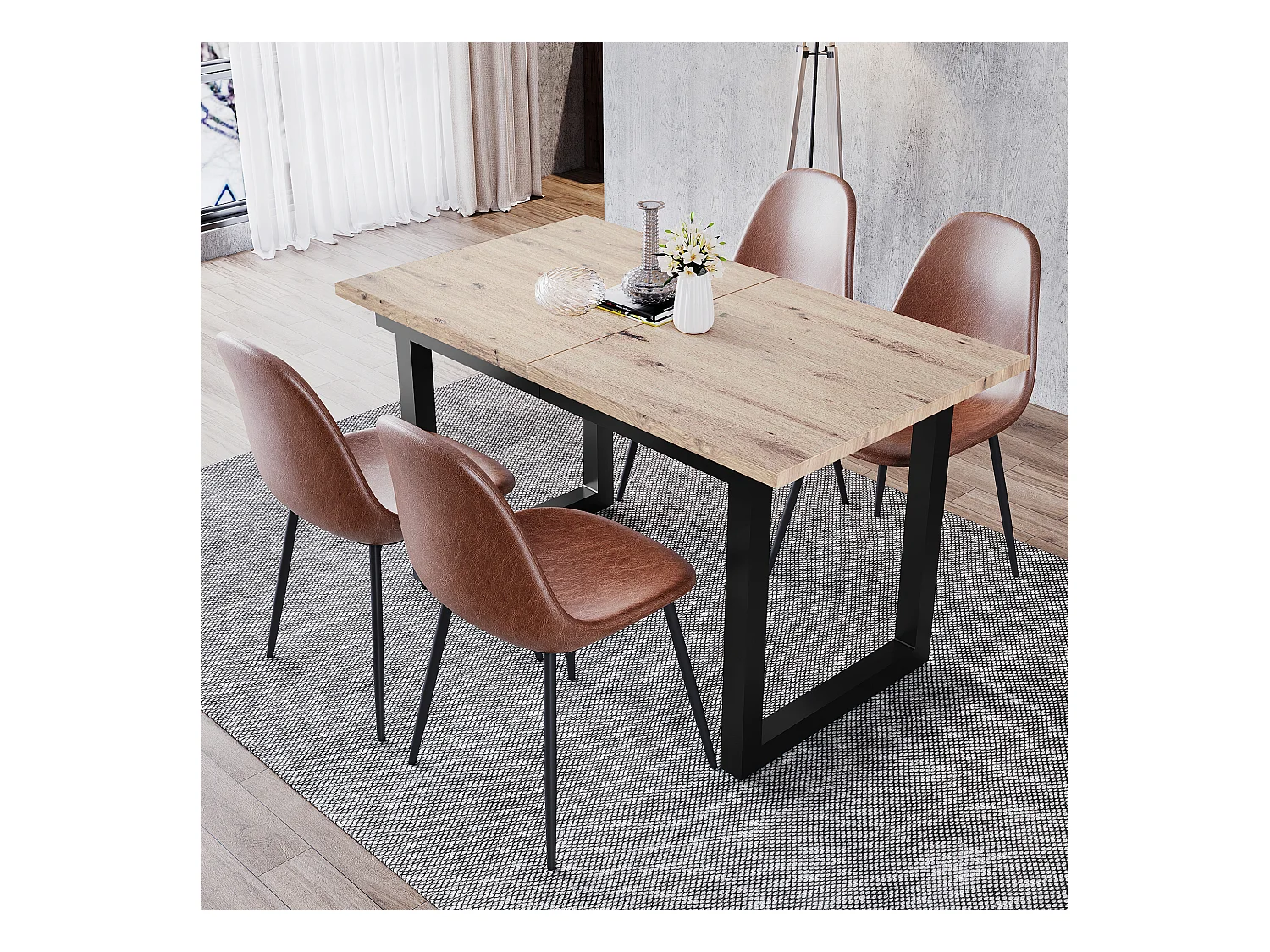 Table extensible industrielle, MDF et métal, 140/180x80x75 cm, design moderne, noir et bois naturel (L140/180xP80xH75cm)