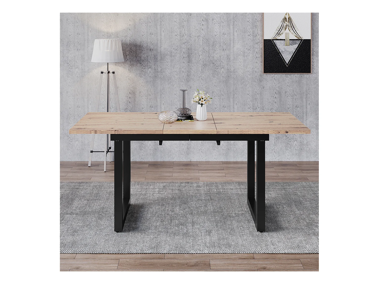 Table extensible industrielle, MDF et métal, 140/180x80x75 cm, design moderne, noir et bois naturel (L140/180xP80xH75cm)