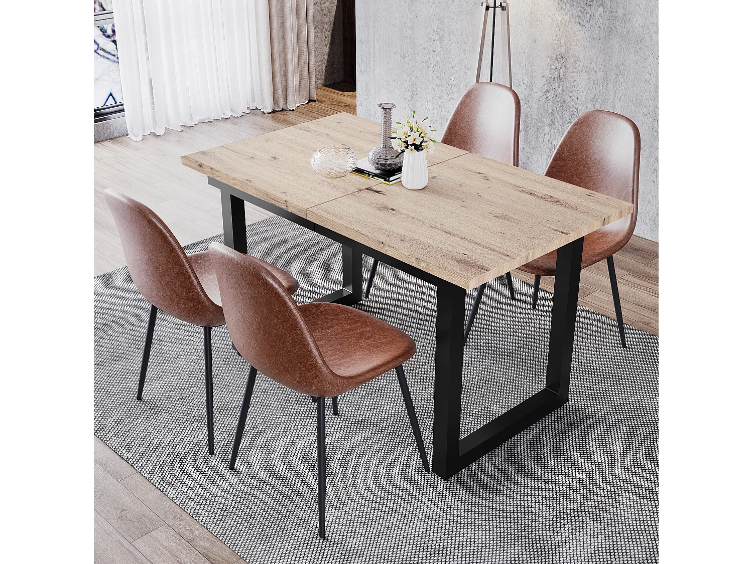 Table extensible industrielle, MDF et métal, 140/180x80x75 cm, design moderne, noir et bois naturel (L140/180xP80xH75cm)