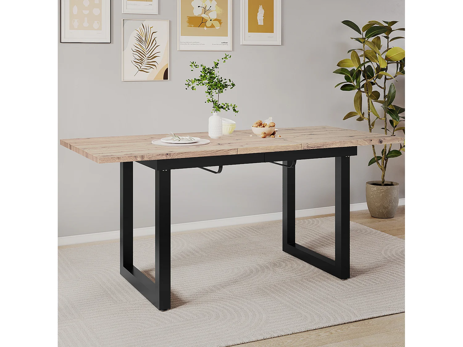Table extensible industrielle, MDF et métal, 140/180x80x75 cm, design moderne, noir et bois naturel (L140/180xP80xH75cm)