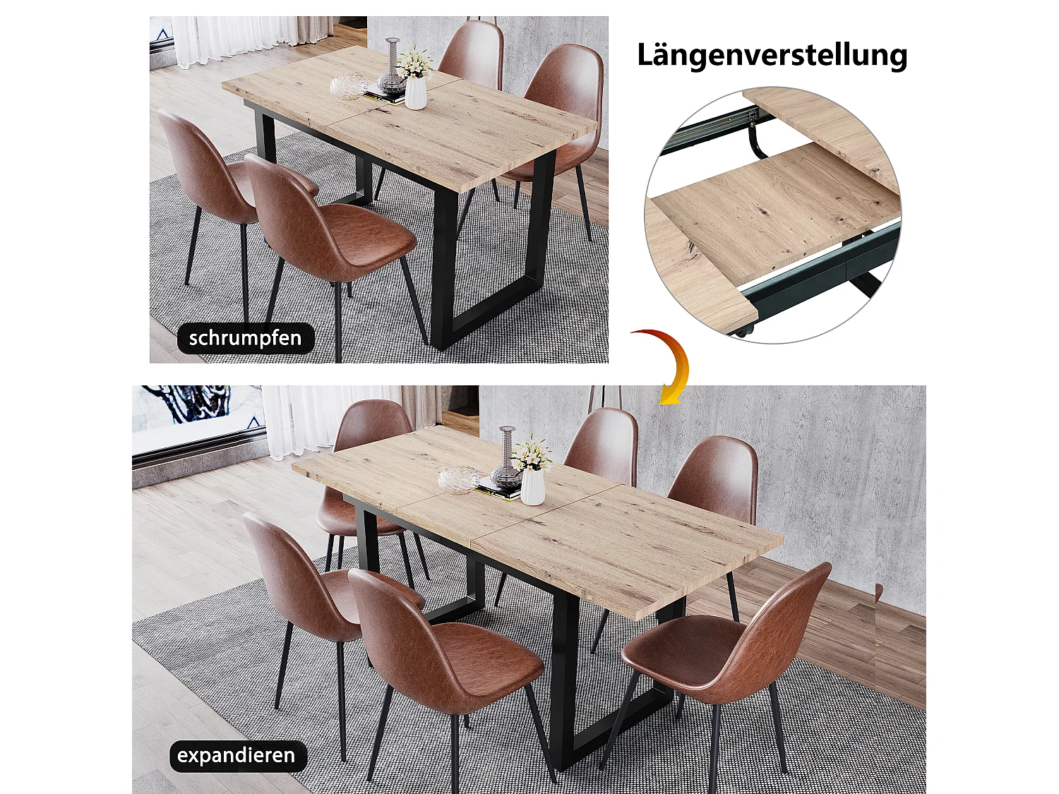 Table extensible industrielle, MDF et métal, 140/180x80x75 cm, design moderne, noir et bois naturel (L140/180xP80xH75cm)