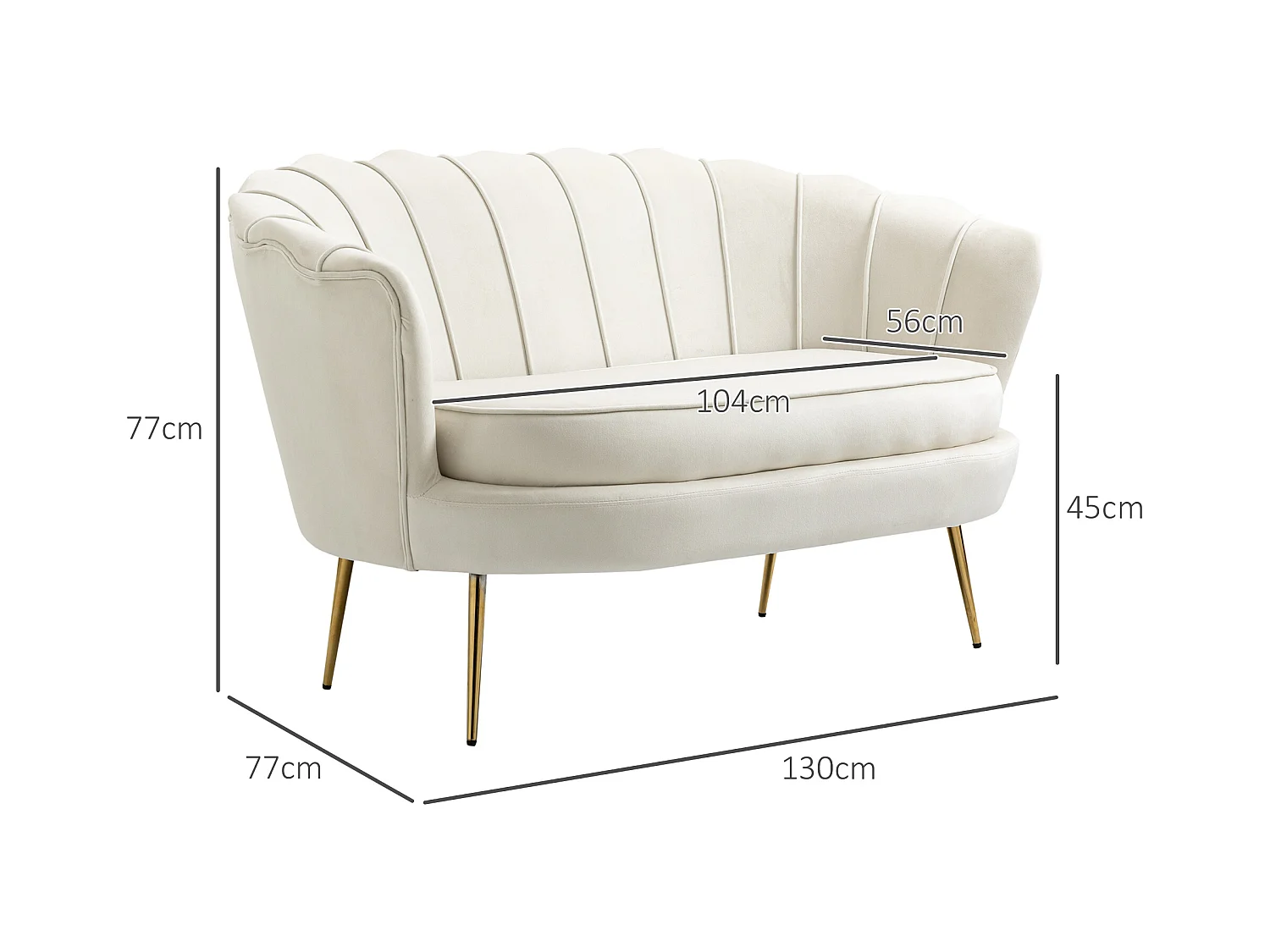 Canapé 2 places, velours, structure acier galvanisé, crème (130x77x77 cm)