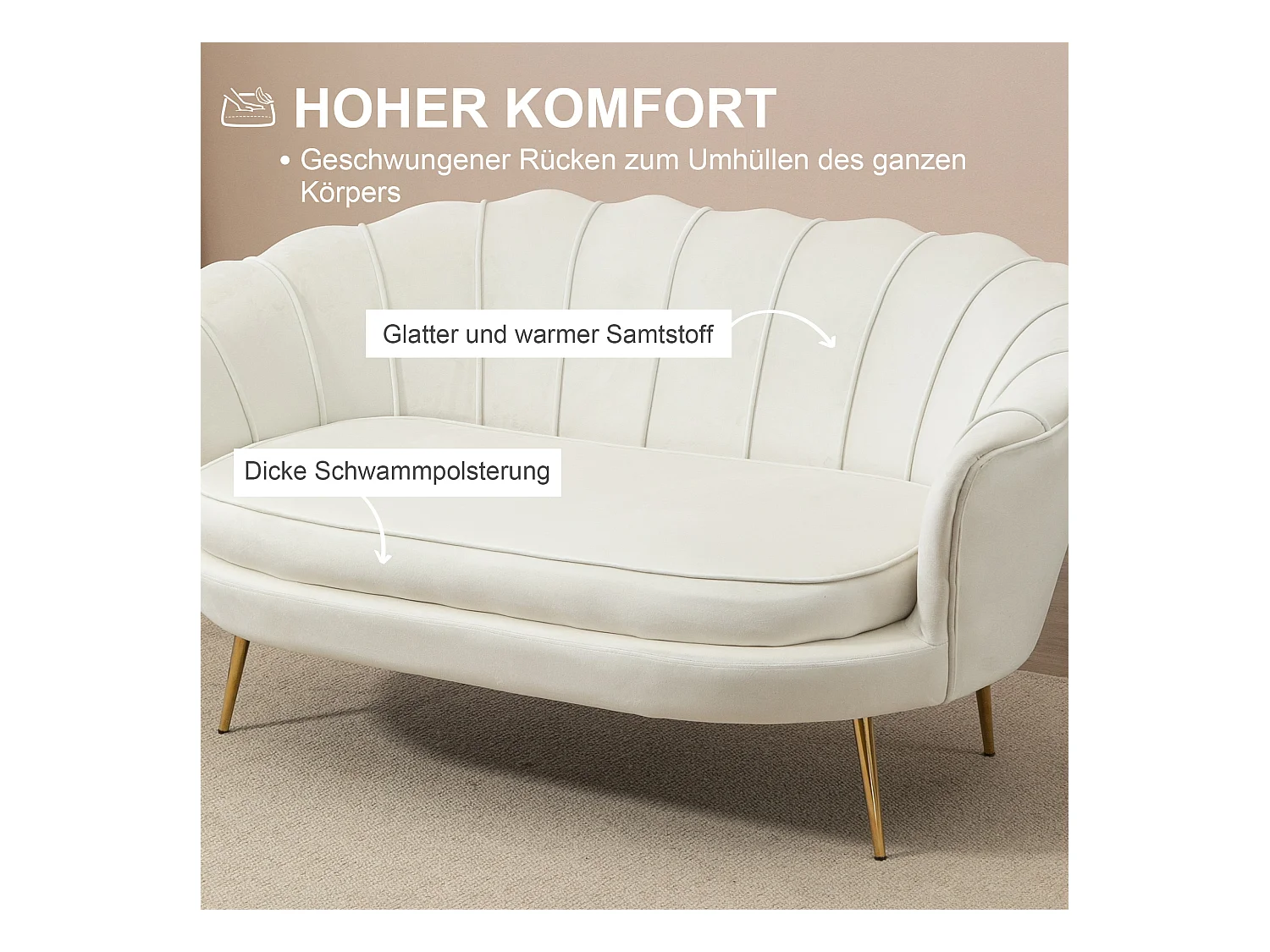 Canapé 2 places, velours, structure acier galvanisé, crème (130x77x77 cm)