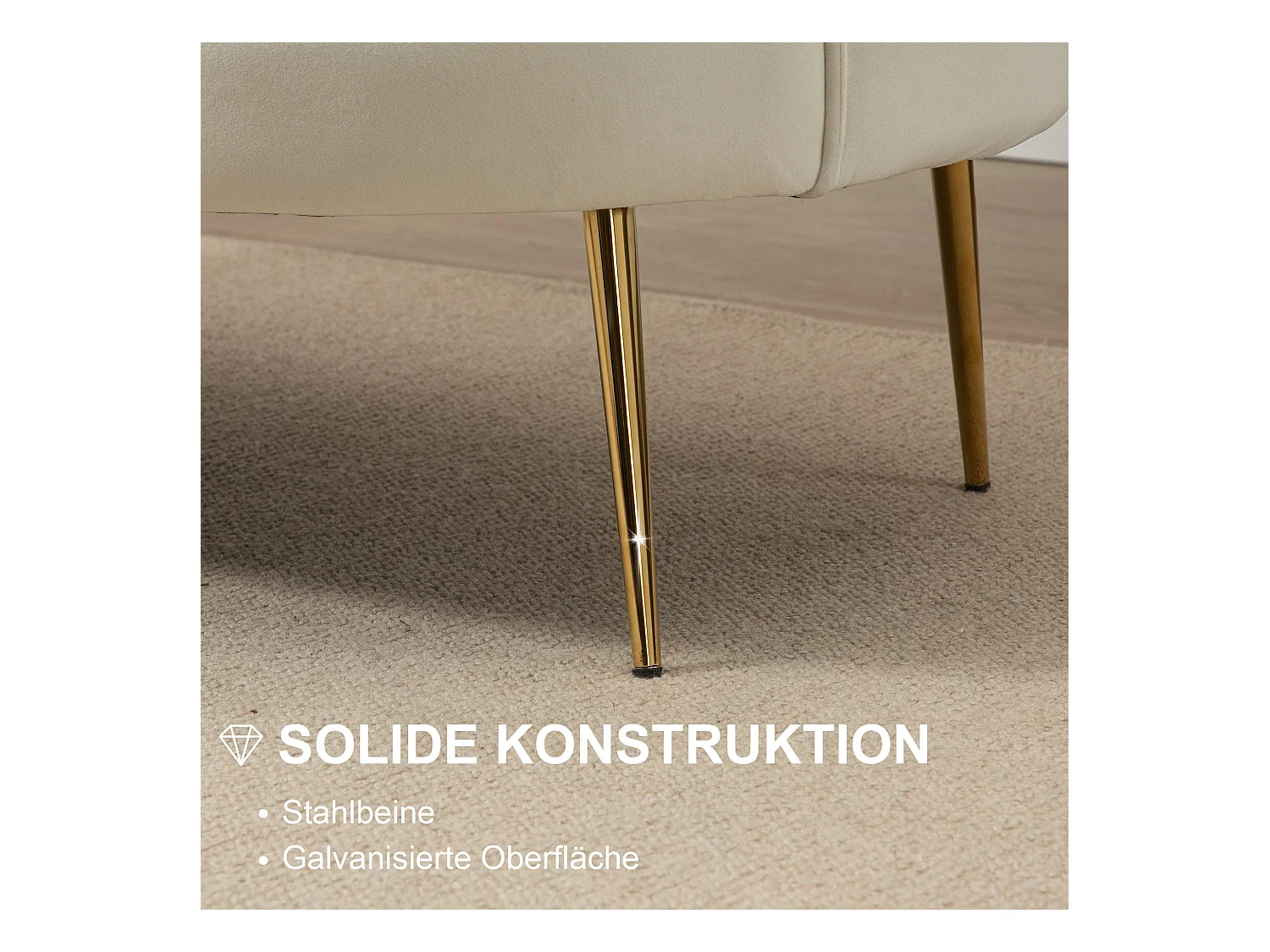 Canapé 2 places, velours, structure acier galvanisé, crème (130x77x77 cm)