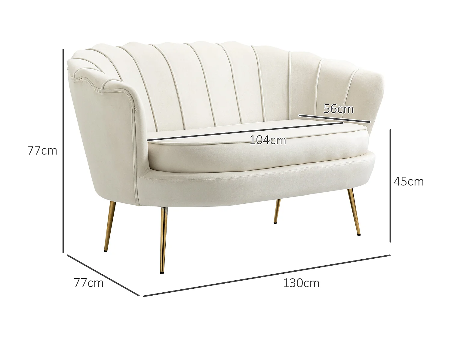 Canapé 2 places, velours, structure acier galvanisé, crème (130x77x77 cm)