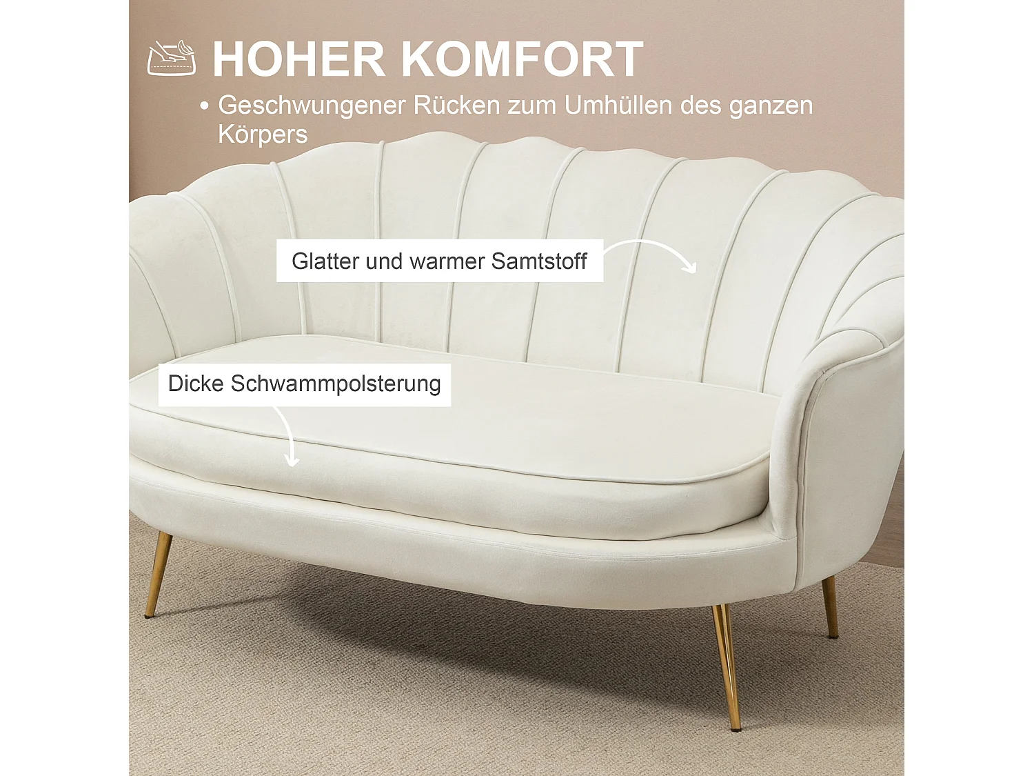 Canapé 2 places, velours, structure acier galvanisé, crème (130x77x77 cm)