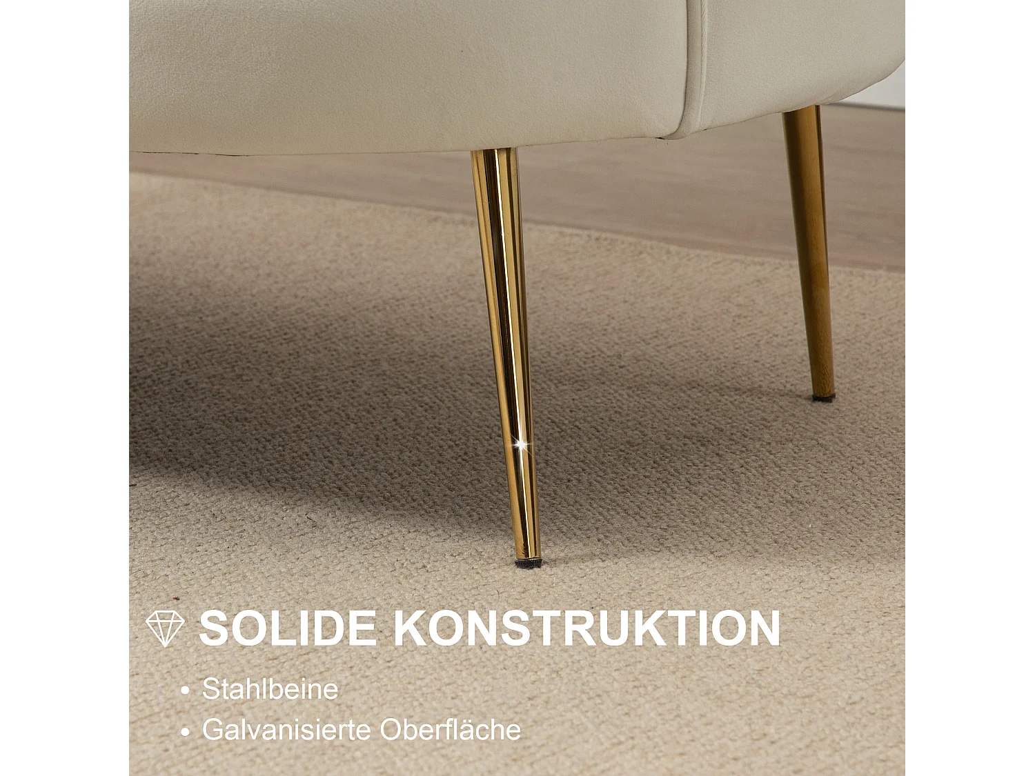 Canapé 2 places, velours, structure acier galvanisé, crème (130x77x77 cm)