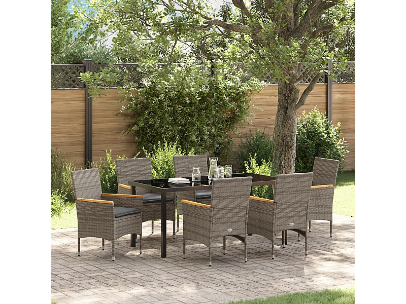 Set da pranzo da giardino da 7 pezzi con cuscini in polyrattan grigio