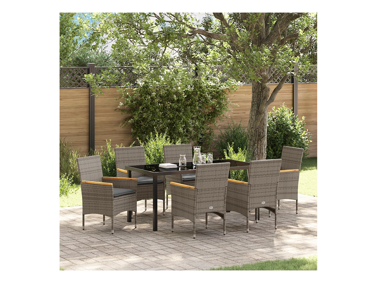 Set da pranzo da giardino da 7 pezzi con cuscini in polyrattan grigio