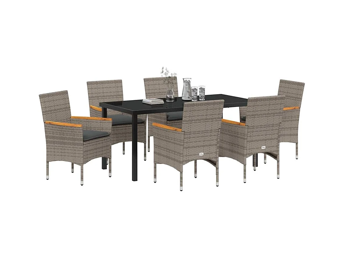 Set da pranzo da giardino da 7 pezzi con cuscini in polyrattan grigio