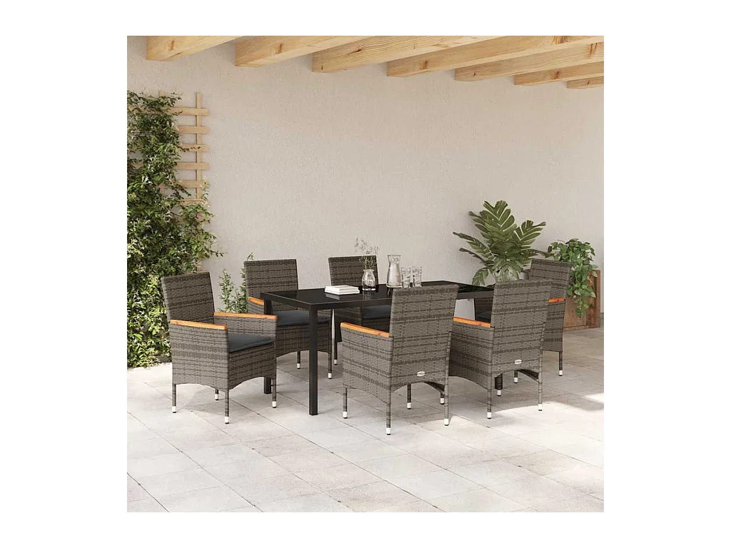 Ensemble de Salle à Manger de Jardin de 7 pièces avec Coussins en Poly Rattan Gris