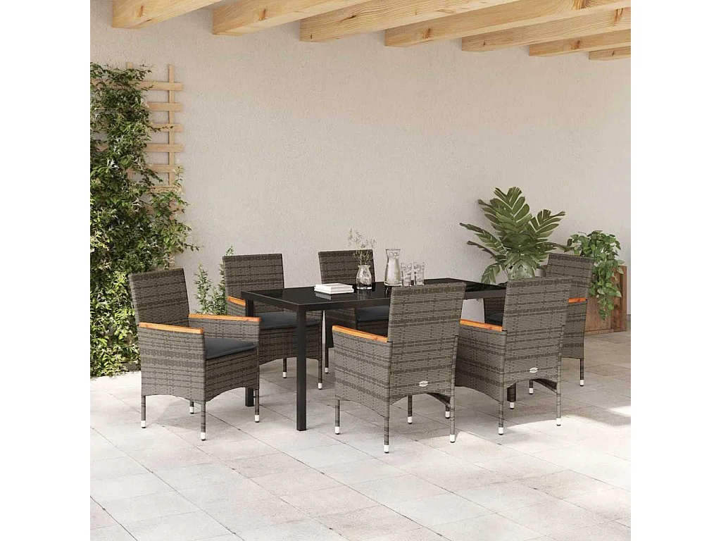 Ensemble de Salle à Manger de Jardin de 7 pièces avec Coussins en Poly Rattan Gris