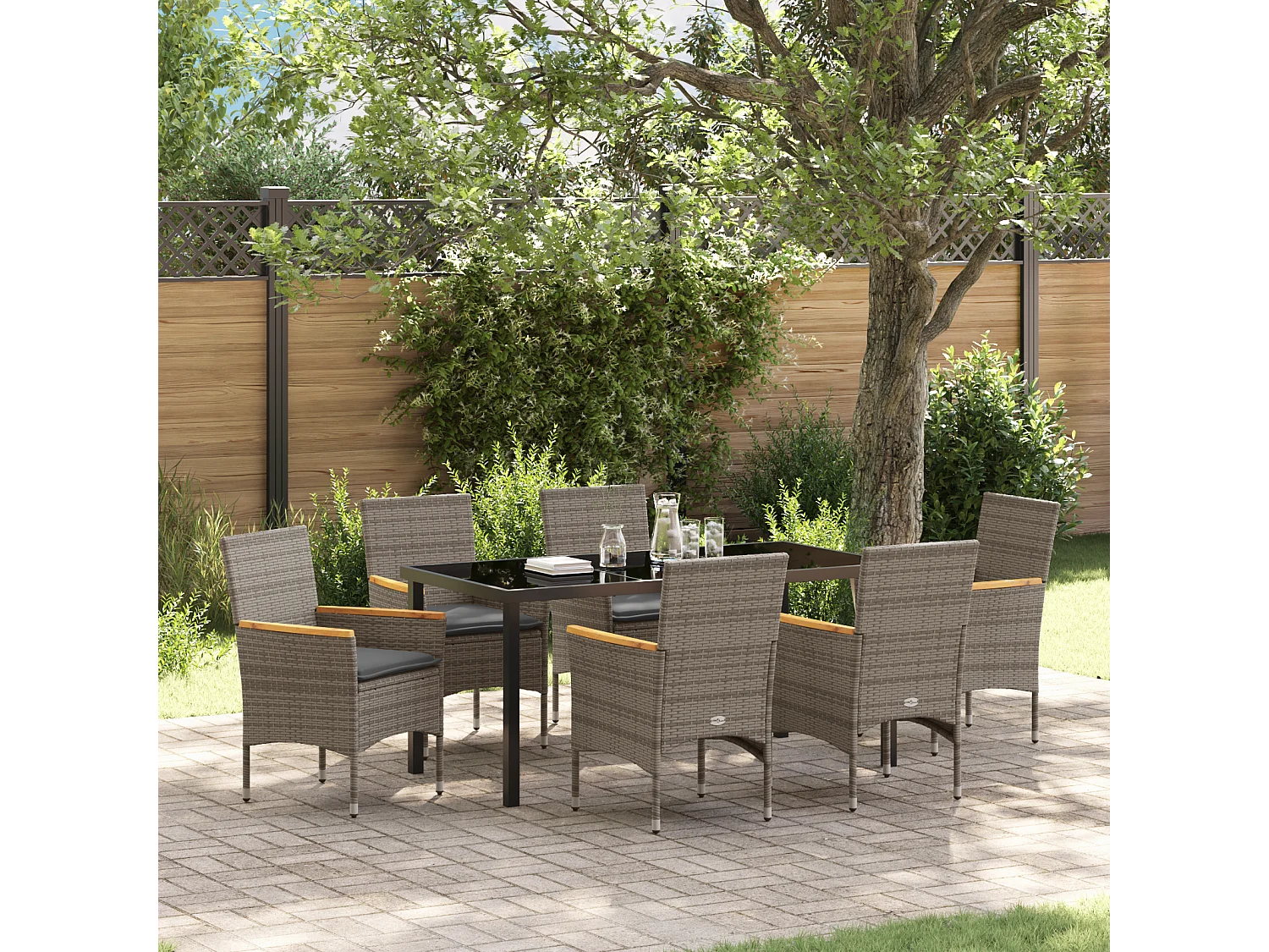 Ensemble de Salle à Manger de Jardin de 7 pièces avec Coussins en Poly Rattan Gris