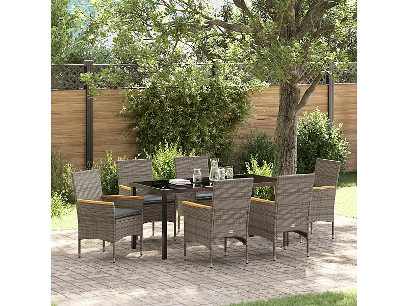 Ensemble de Salle à Manger de Jardin de 7 pièces avec Coussins en Poly Rattan Gris