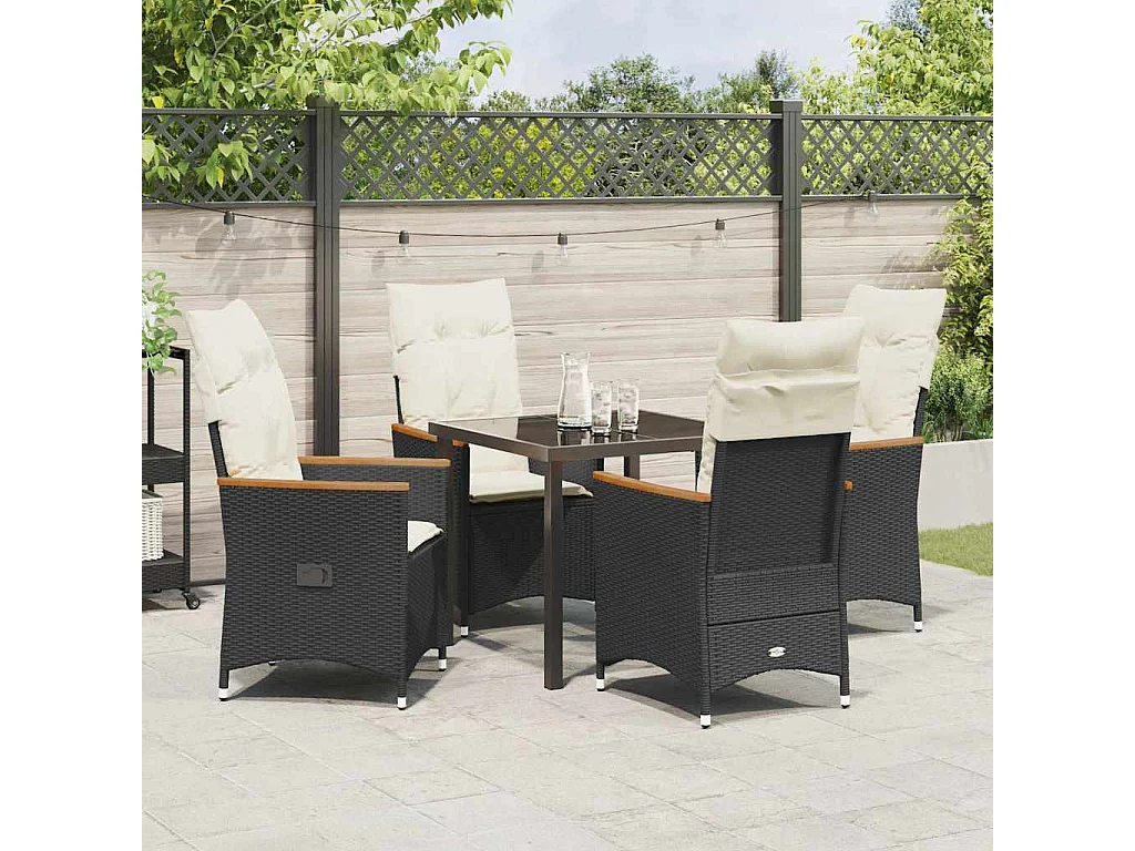 Set da pranzo da giardino 5 pezzi con cuscini in polyrattan nero