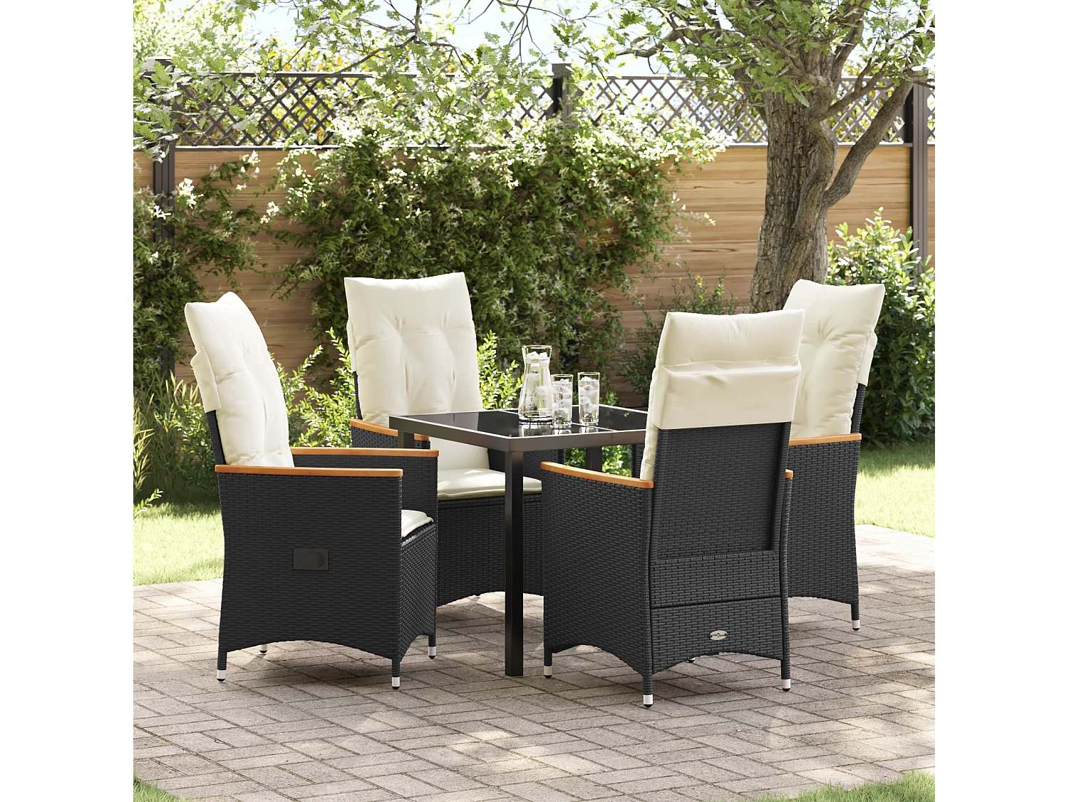 Set da pranzo da giardino 5 pezzi con cuscini in polyrattan nero