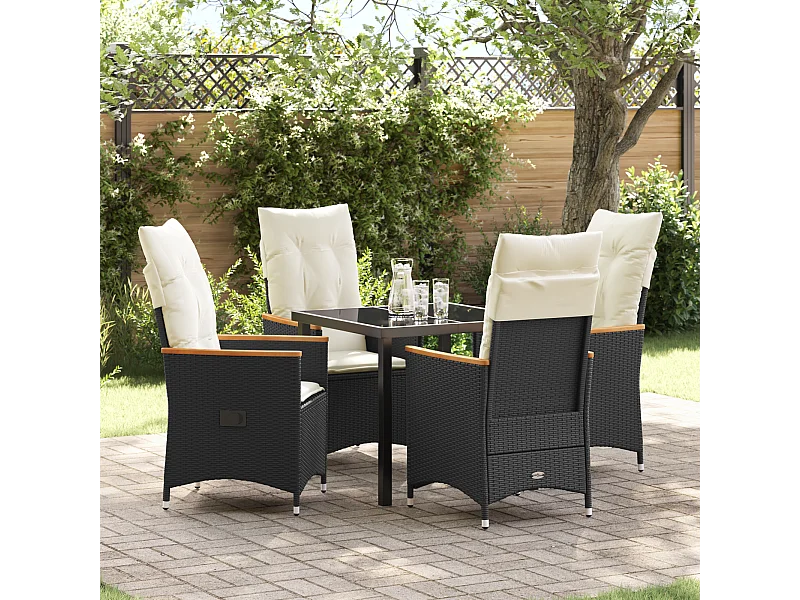 Set da pranzo da giardino 5 pezzi con cuscini in polyrattan nero