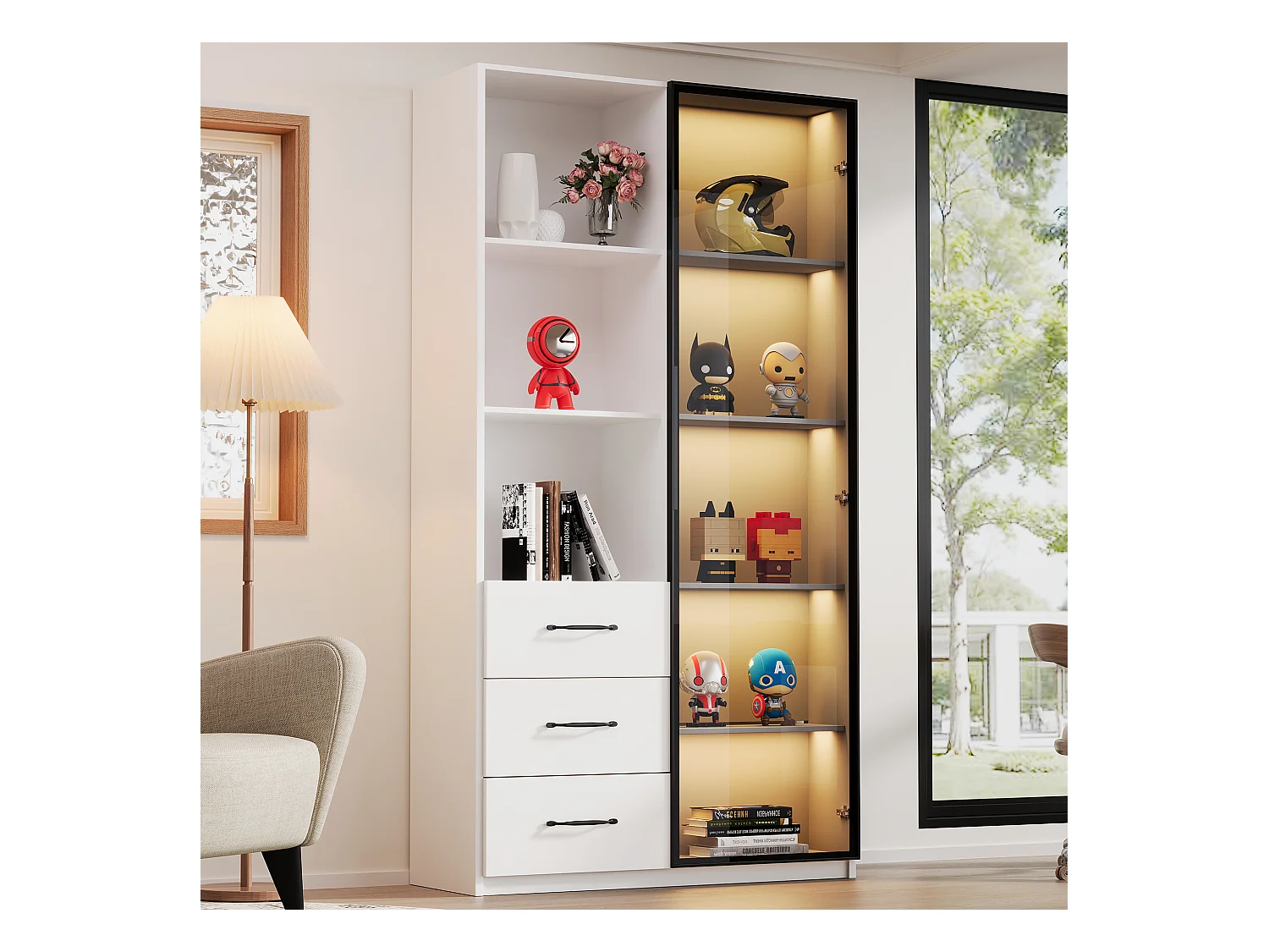 LED-vitrinekast, kast met gehard glazen deuren, 3 lades en 3 open planken, aluminium, multi-color LED's, wit (80x40x160 cm)