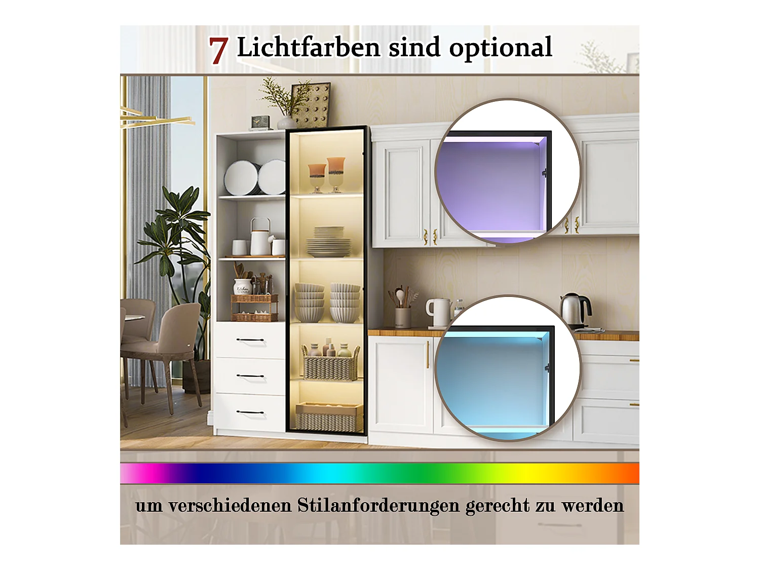 LED-vitrinekast, kast met gehard glazen deuren, 3 lades en 3 open planken, aluminium, multi-color LED's, wit (80x40x160 cm)