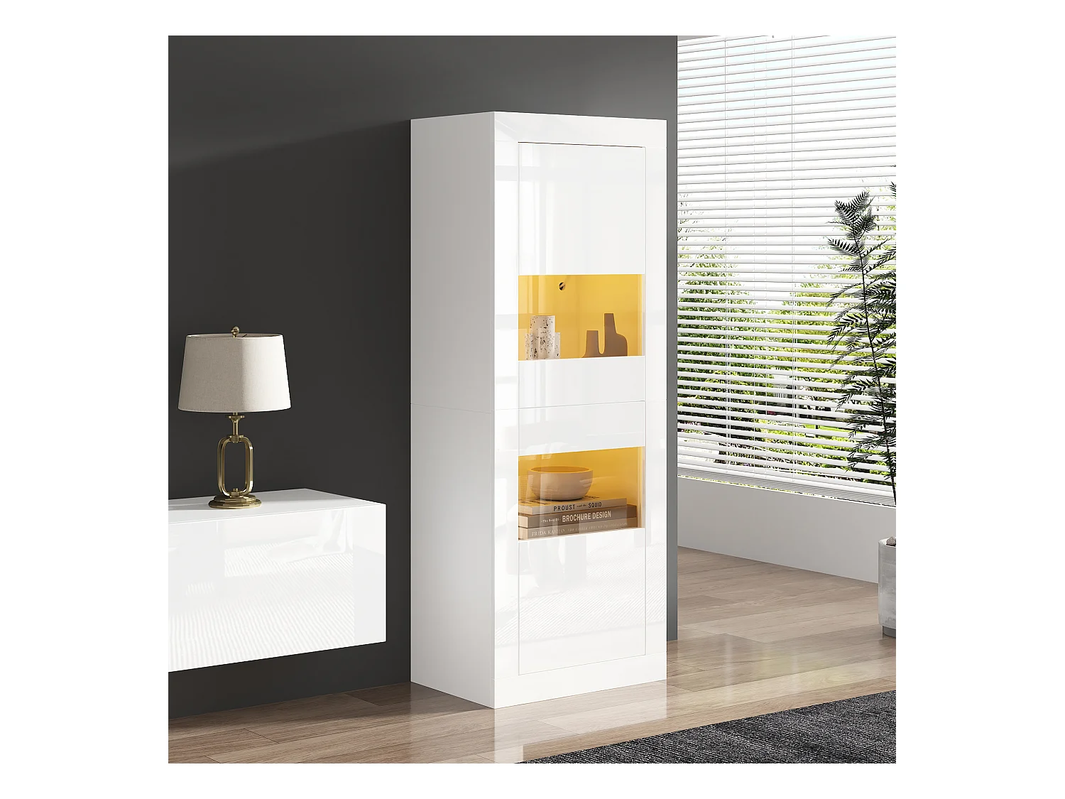 Vitrine haute brillante avec LED, 1 étagère en verre, panneaux en particules, Blanc (61x42x162 cm)