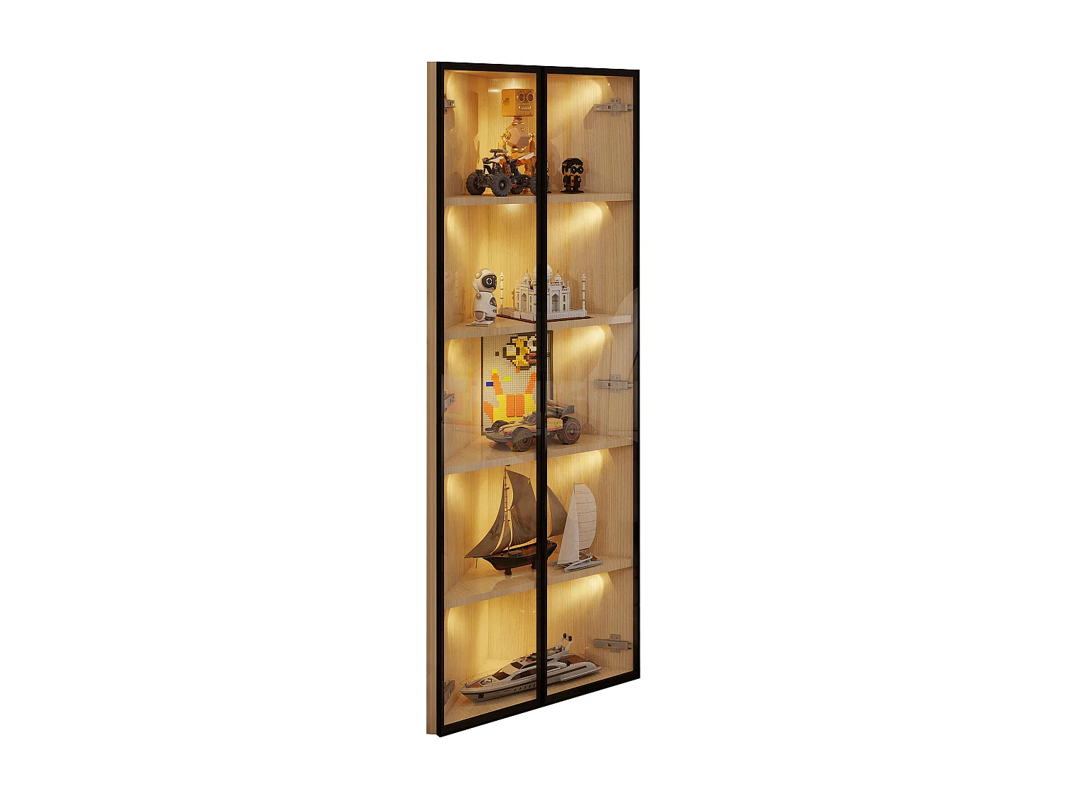 LED-vitrinekast van glas, MDF, eikenhout, met geïntegreerde verlichting, verzamelvitrine, 62x35x160 cm