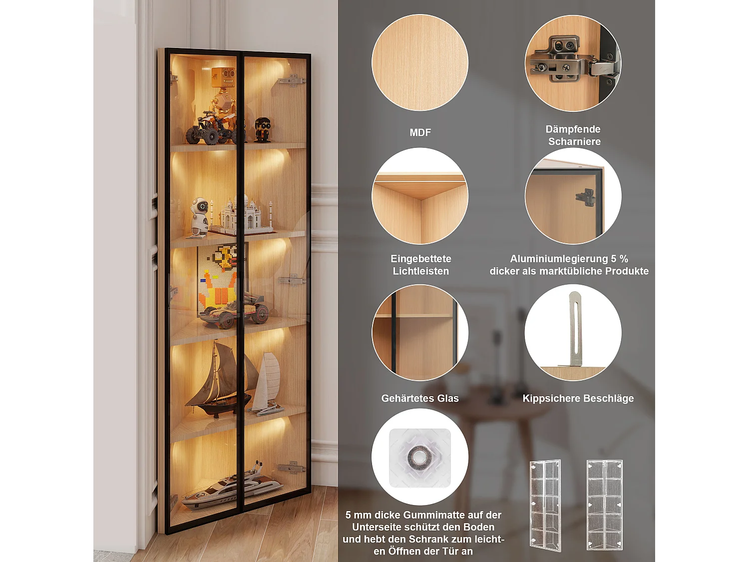 LED-vitrinekast van glas, MDF, eikenhout, met geïntegreerde verlichting, verzamelvitrine, 62x35x160 cm