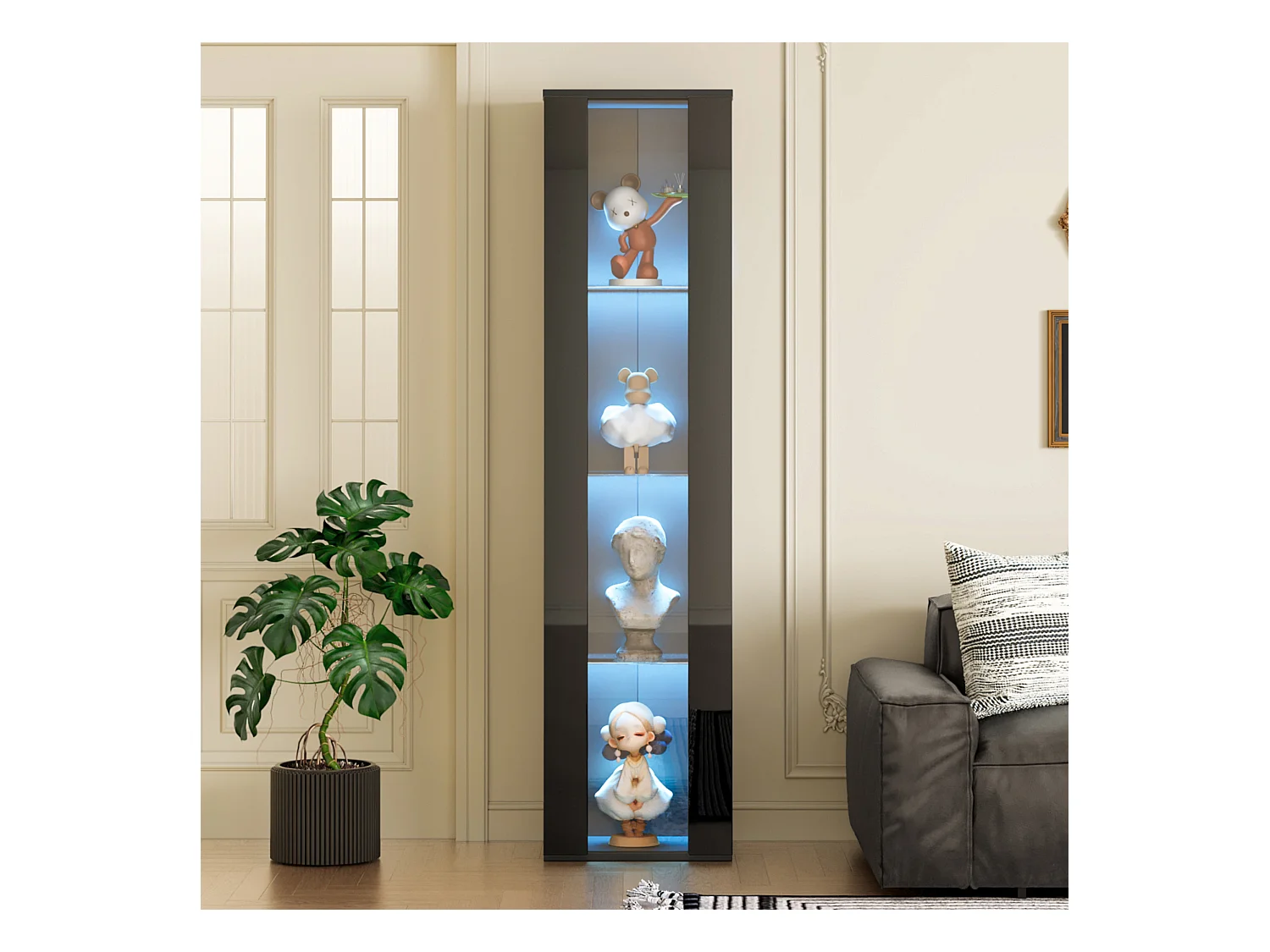 Vitrine multifonctionnelle en verre, avec éclairage LED multicolore, design simple, panneau acrylique, noir (40x29x170 cm)