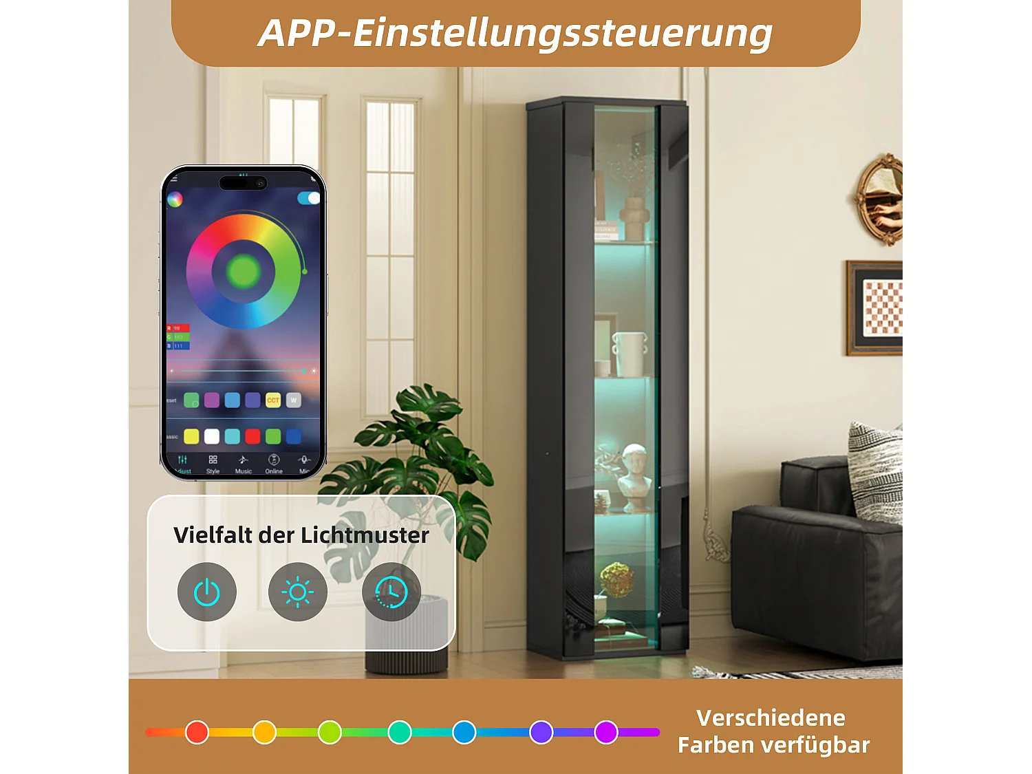 Vitrine multifonctionnelle en verre, avec éclairage LED multicolore, design simple, panneau acrylique, noir (40x29x170 cm)