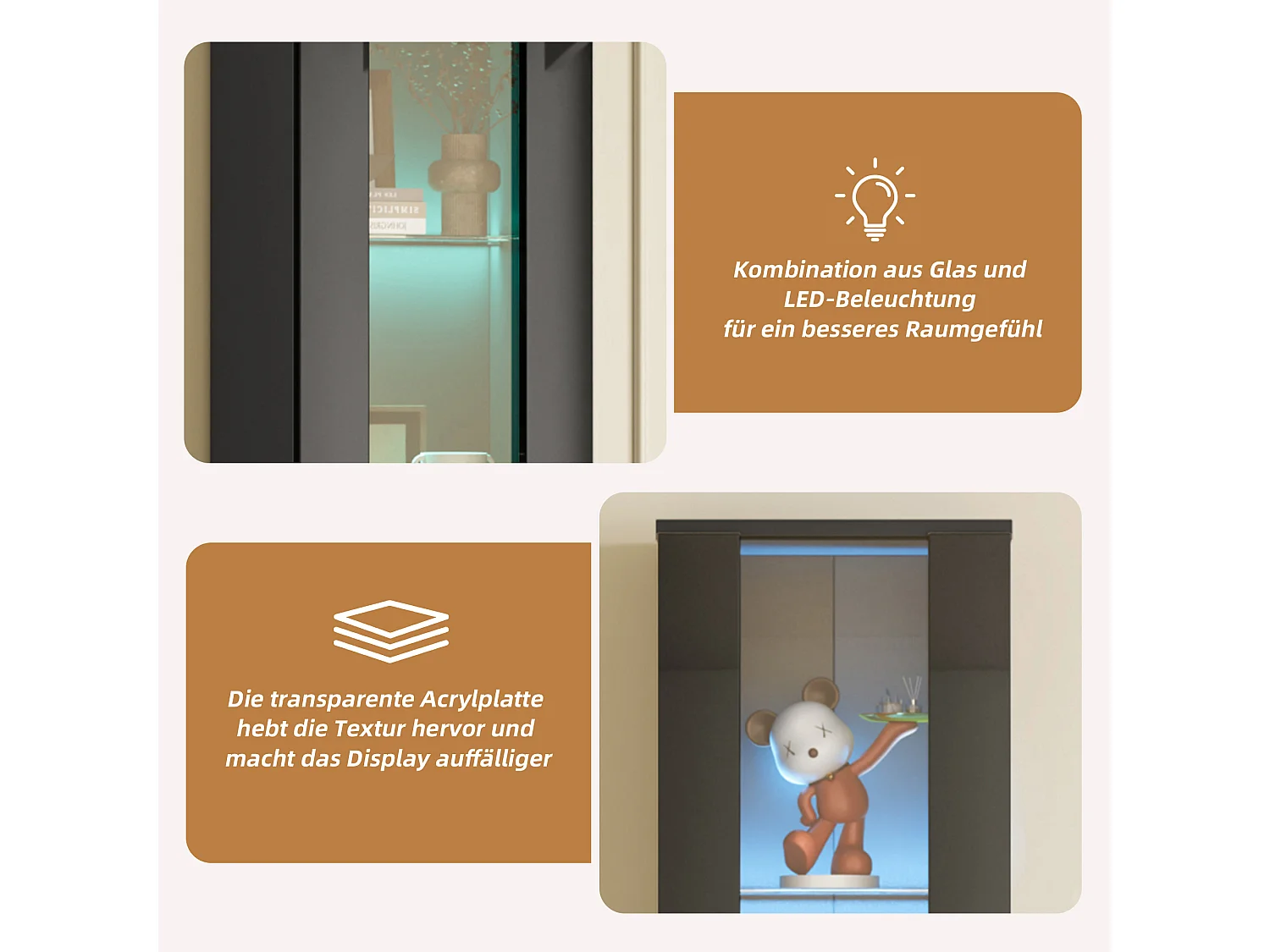 Vitrine multifonctionnelle en verre, avec éclairage LED multicolore, design simple, panneau acrylique, noir (40x29x170 cm)