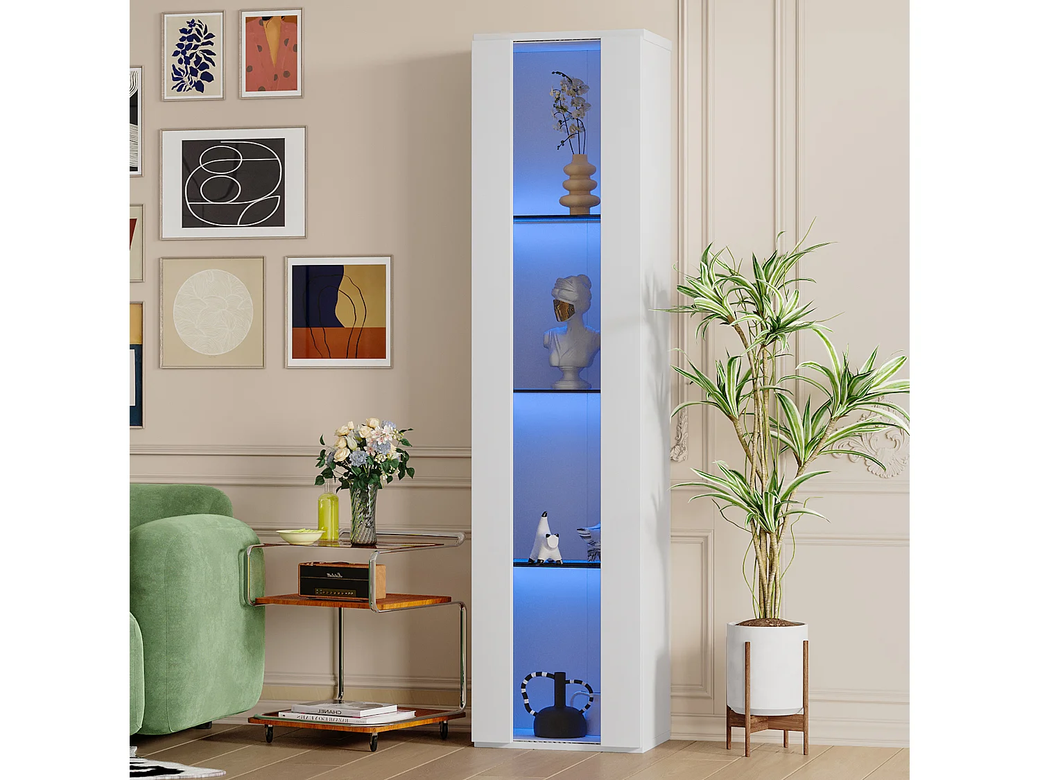 Vitrine multifonctionnelle avec éclairage LED multicolore, panneau acrylique, design simple, blanc (40x29x170 cm)