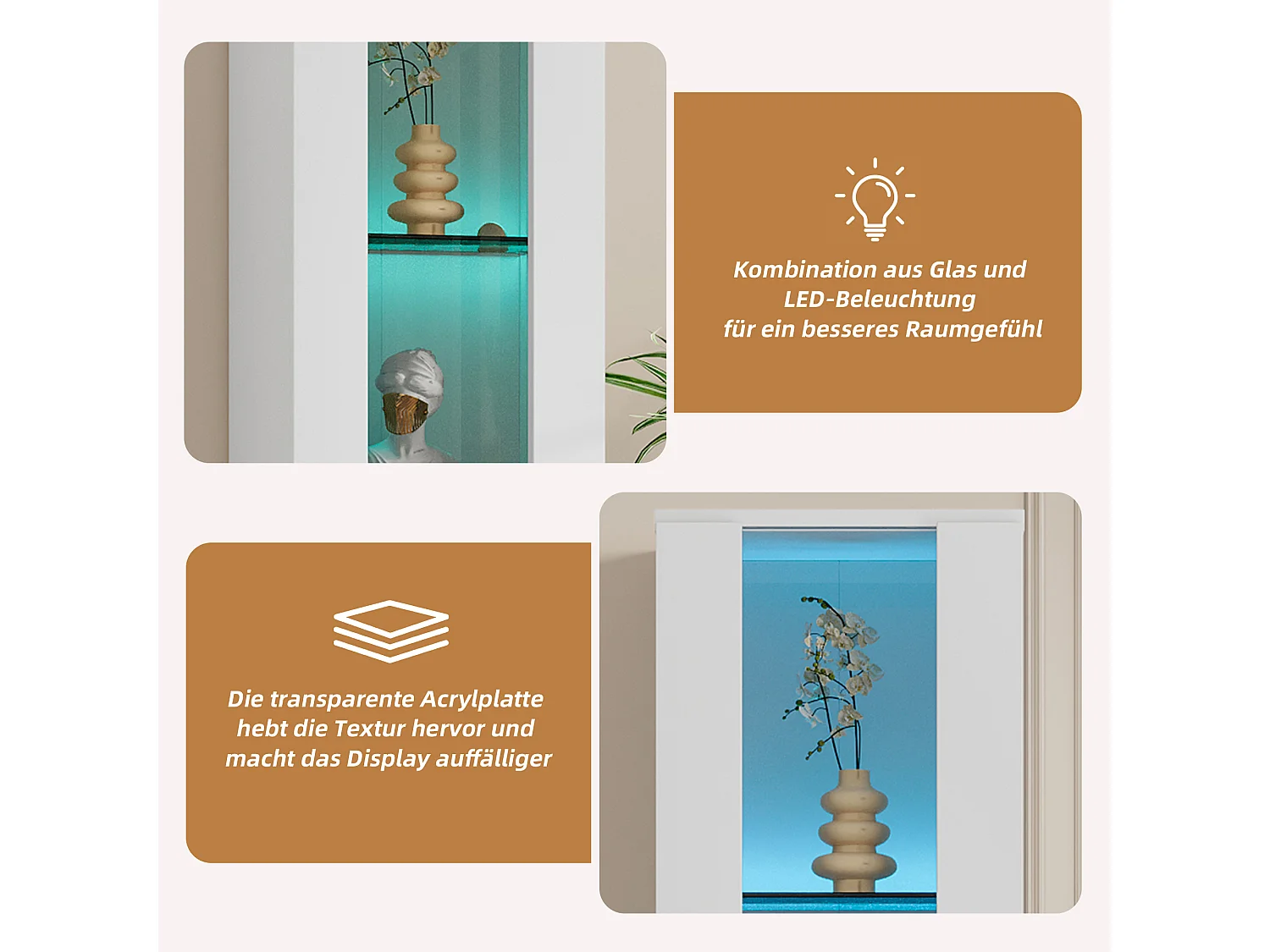 Vitrine multifonctionnelle avec éclairage LED multicolore, panneau acrylique, design simple, blanc (40x29x170 cm)