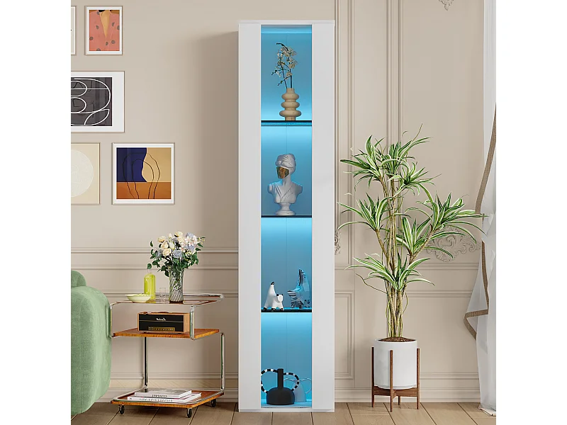 Vitrine multifonctionnelle avec éclairage LED multicolore, panneau acrylique, design simple, blanc (40x29x170 cm)