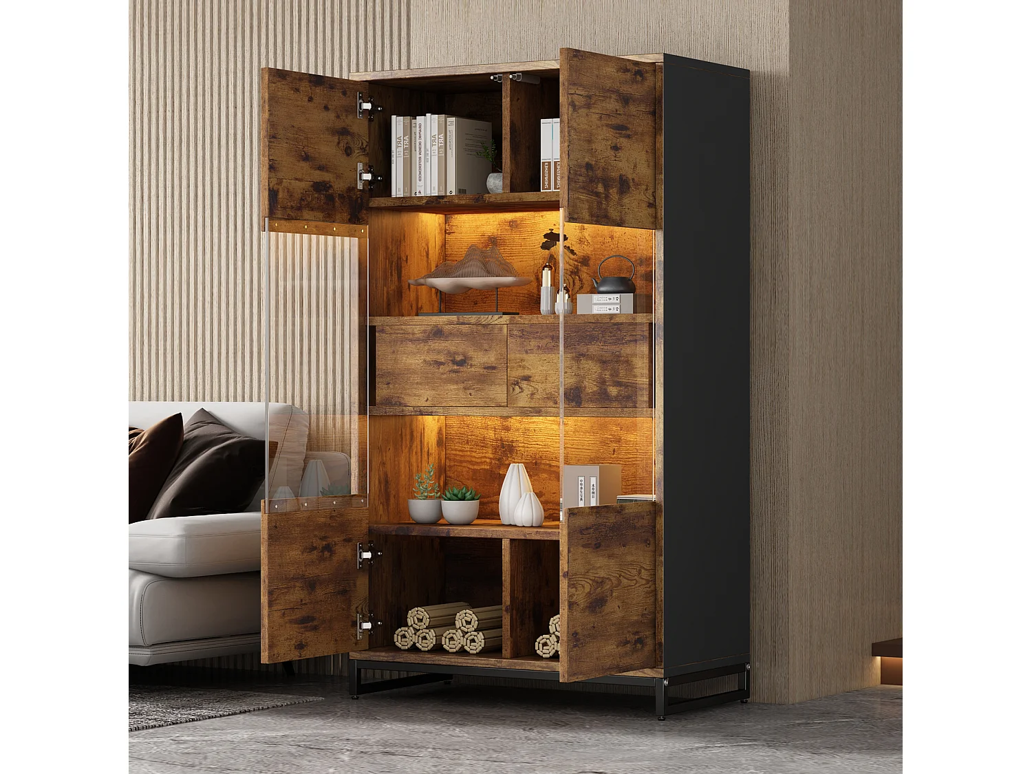 Vitrine avec LED, 4 portes, étagères ajustables, noir et bois (80x40x138 cm)