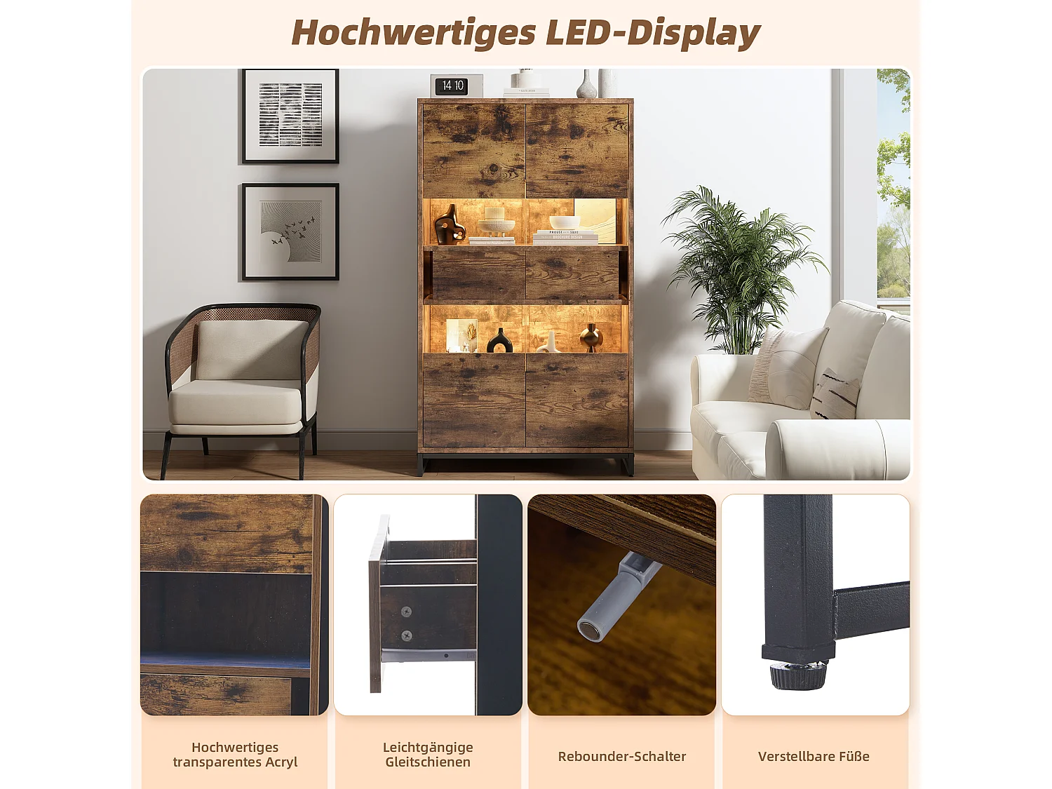 Vitrine avec LED, 4 portes, étagères ajustables, noir et bois (80x40x138 cm)