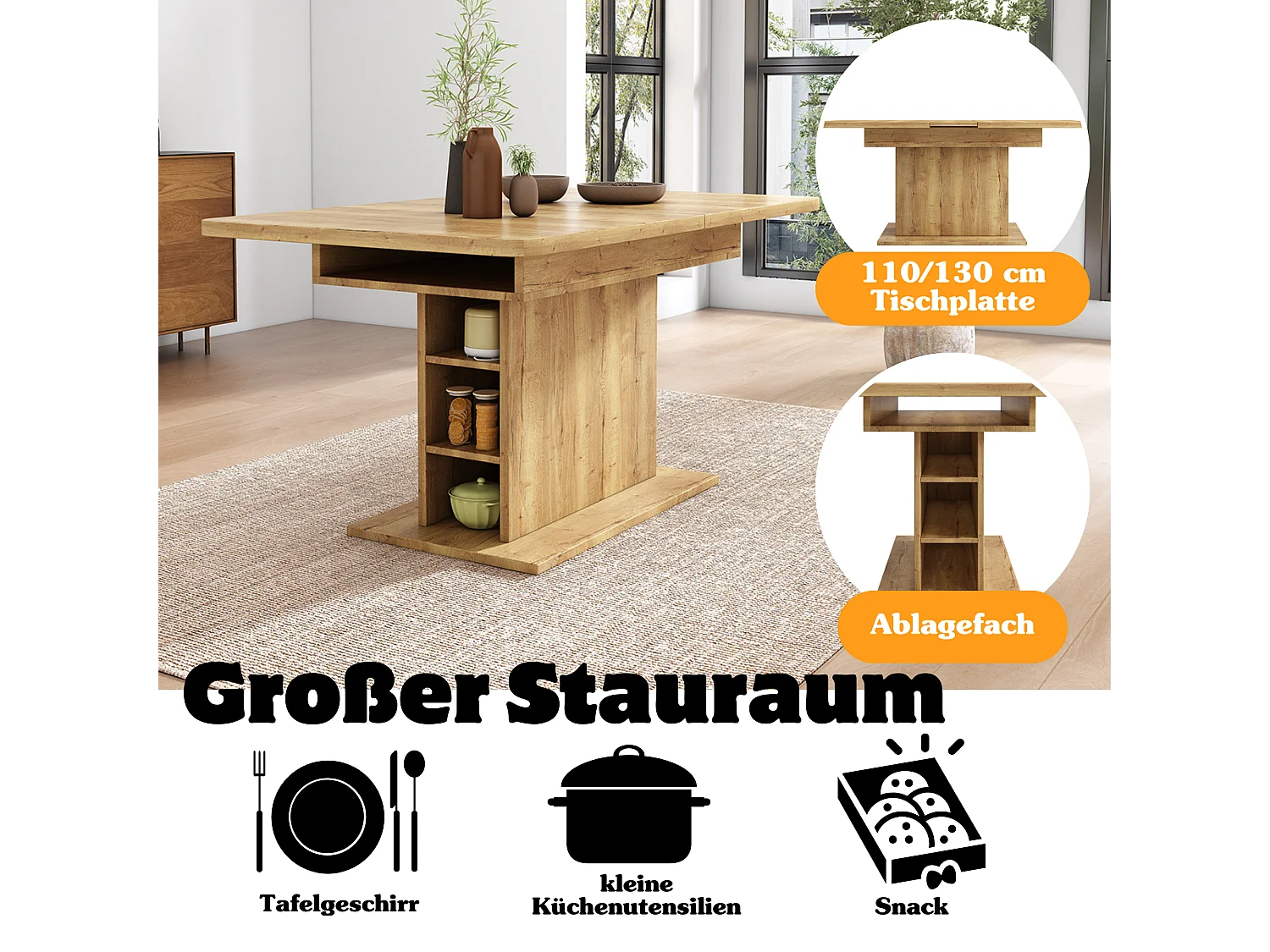 Table extensible, avec rangement, 110/130x70x75 cm, table multifonctionnelle en métal et panneaux de particules, naturel (L110/130xP70xH75cm)